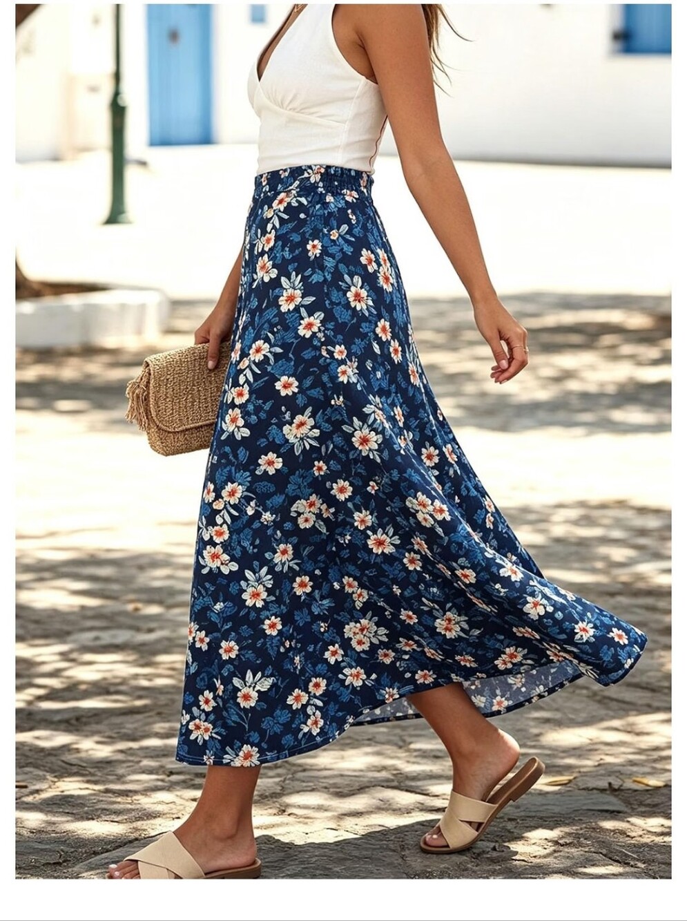 Navy Floral Midi Skirt - Lightweight Summer Skirt Size Small NIP - Picture 3 of 10